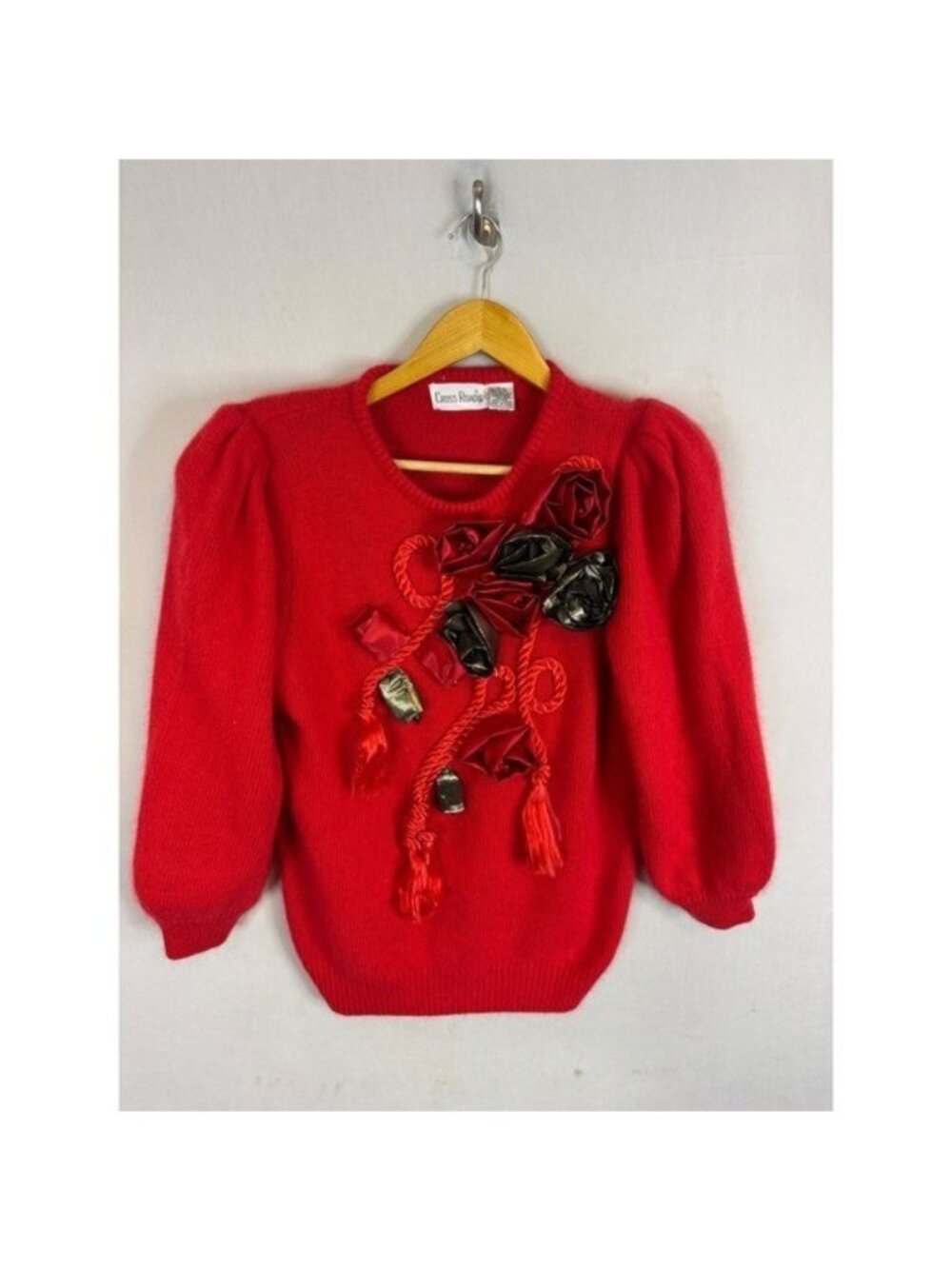 Vintage Cross Roads Red Silk Angora 3D Floral Rosette Puff Sleeve Sweater M